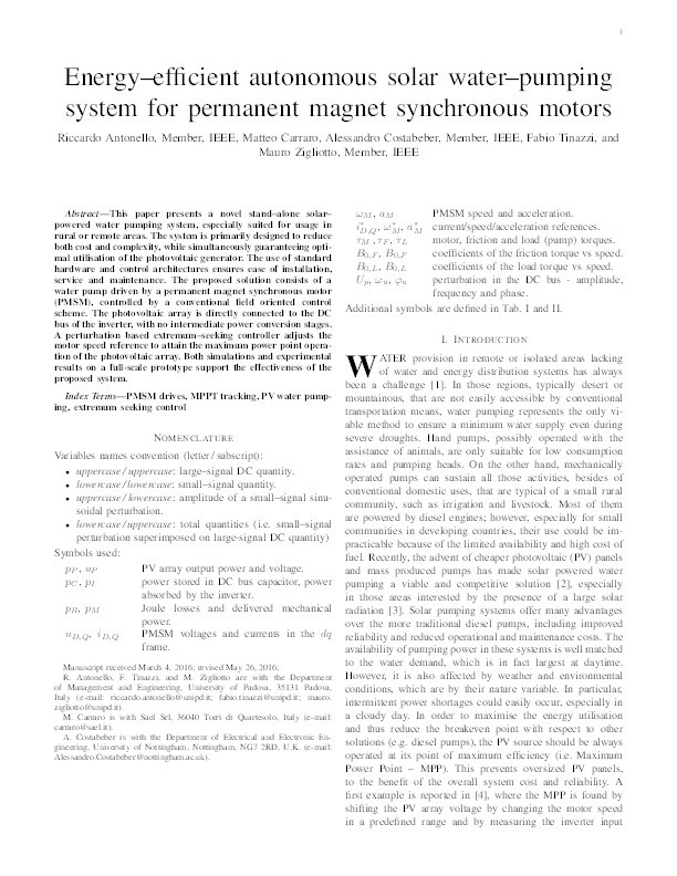 Energy-efficient autonomous solar water-pumping system for permanent-magnet synchronous motors Thumbnail