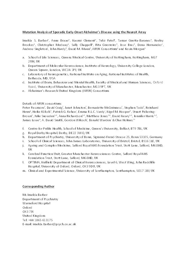 Mutation analysis of sporadic early-onset Alzheimer's disease using the NeuroX array Thumbnail