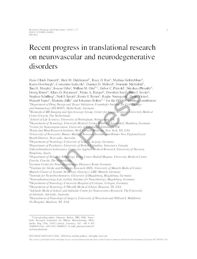 Recent progress in translational research on neurovascular and neurodegenerative disorders Thumbnail