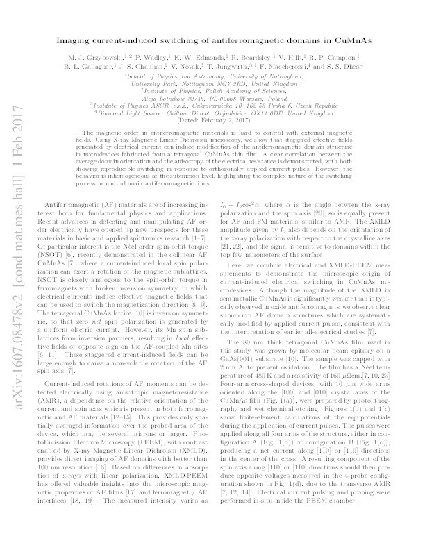 Imaging current-induced switching of antiferromagnetic domains in CuMnAs Thumbnail