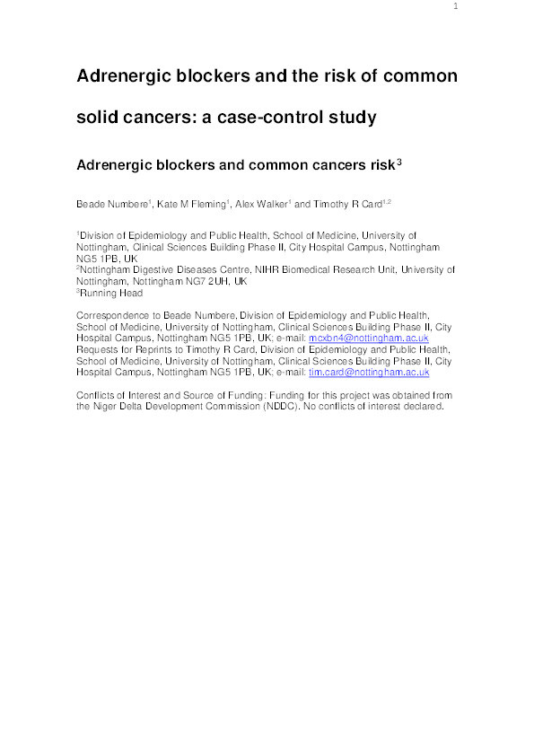 Adrenergic blockers and the risk for common solid cancers: a case-control study Thumbnail