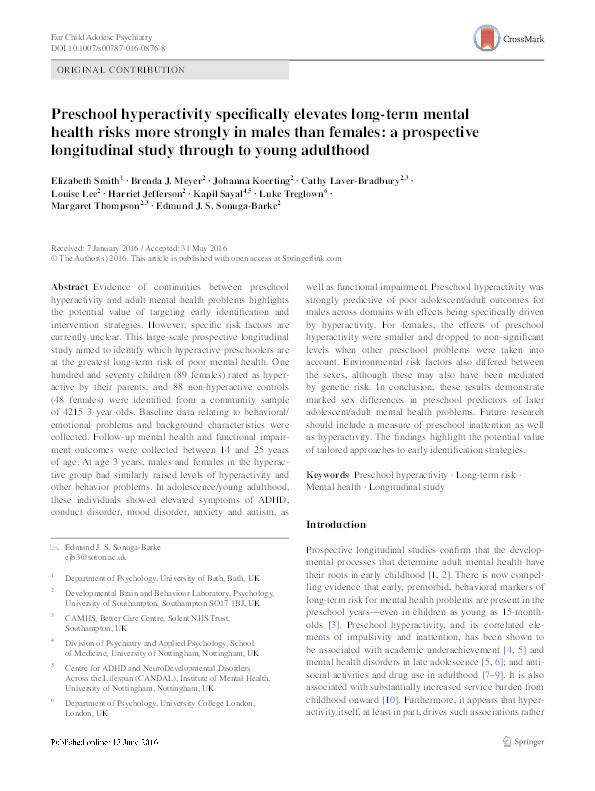 Preschool hyperactivity specifically elevates long-term mental health risks more strongly in males than females: a prospective longitudinal study through to young adulthood Thumbnail