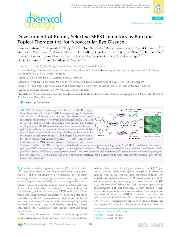 Development of potent, selective SRPK1 inhibitors as potential topical therapeutics for neovascular eye disease Thumbnail