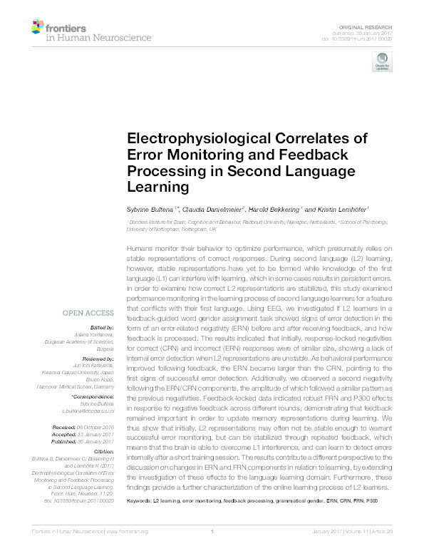 Electrophysiological correlates of error monitoring and feedback processing in second language learning Thumbnail