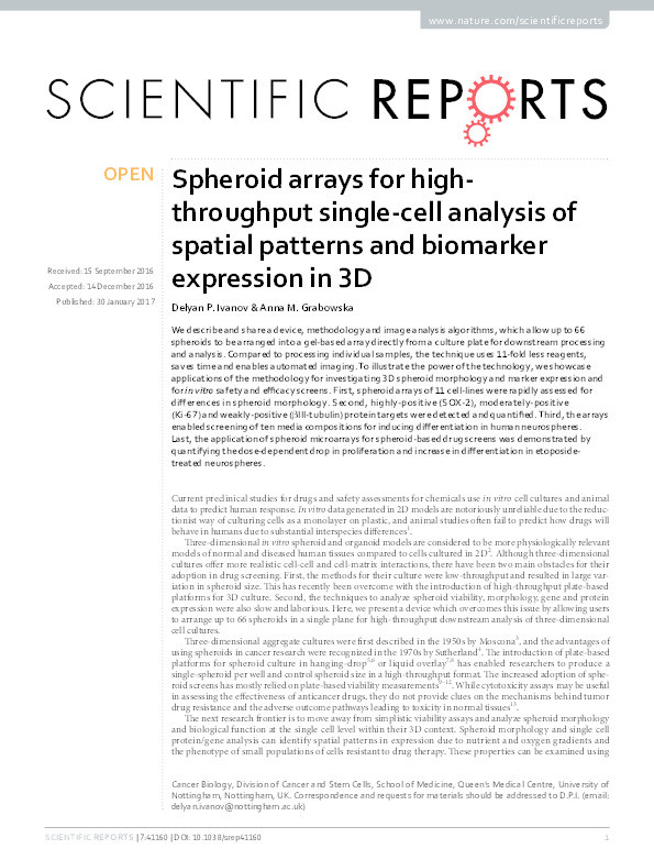 Spheroid arrays for high-throughput single-cell analysis of spatial patterns and biomarker expression in 3D Thumbnail
