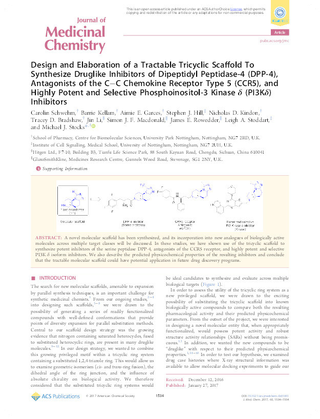 Design and elaboration of a tractable tricyclic scaffold to synthesize druglike inhibitors of dipeptidyl peptidase-4 (DPP-4), antagonists of the C–C Chemokine Receptor Type 5 (CCR5), and highly potent and selective phosphoinositol-3 Kinase δ (PI3Kδ) inhibitors Thumbnail