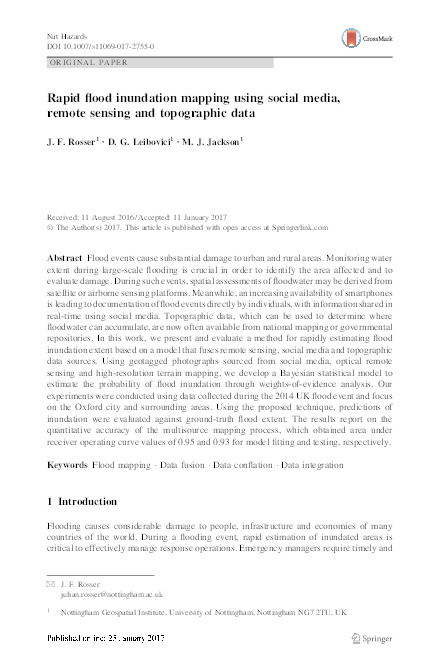 Rapid flood inundation mapping using social media, remote sensing and topographic data Thumbnail