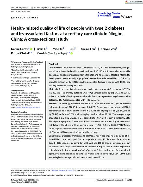 Health-related quality of life of people with type 2 diabetes and its associated factors at a tertiary care clinic in Ningbo, China: A cross-sectional study Thumbnail
