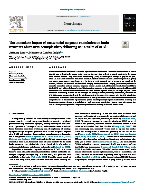 The immediate impact of transcranial magnetic stimulation on brain structure: Short-term neuroplasticity following one session of cTBS Thumbnail
