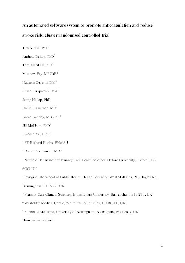 An automated software system to promote anticoagulation and reduce stroke risk: cluster-randomized controlled trial Thumbnail