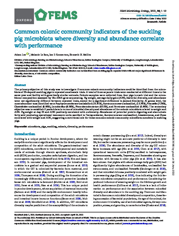 Common colonic community indicators of the suckling pig microbiota where diversity and abundance correlate with performance Thumbnail