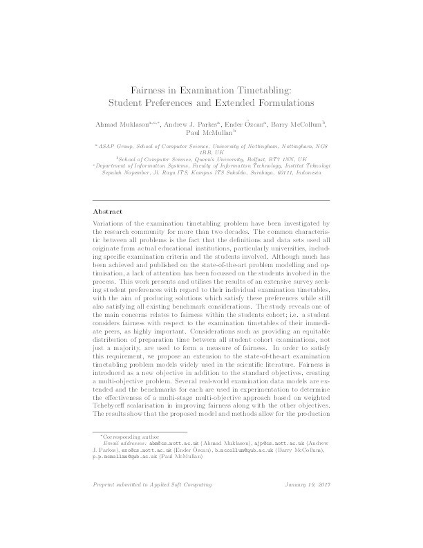 Fairness in examination timetabling: student preferences and extended formulations Thumbnail