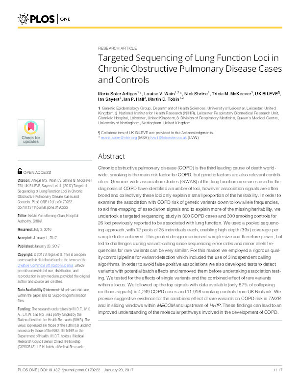 Targeted sequencing of lung function loci in chronic obstructive pulmonary disease cases and controls Thumbnail