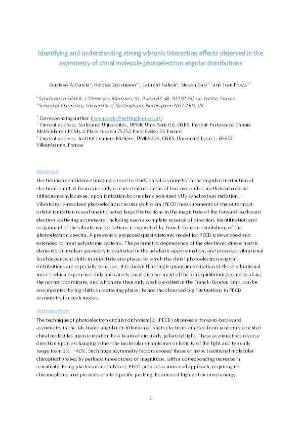 Identifying and understanding strong vibronic interaction effects observed in the asymmetry of chiral molecule photoelectron angular distributions Thumbnail