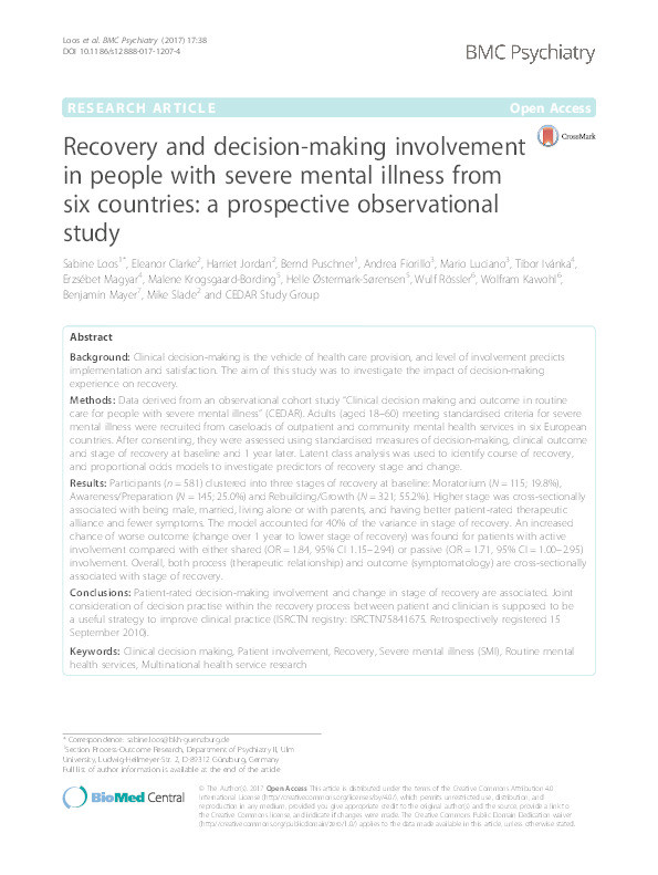 Recovery and decision-making involvement in people with severe mental illness from six countries: a prospective observational study Thumbnail