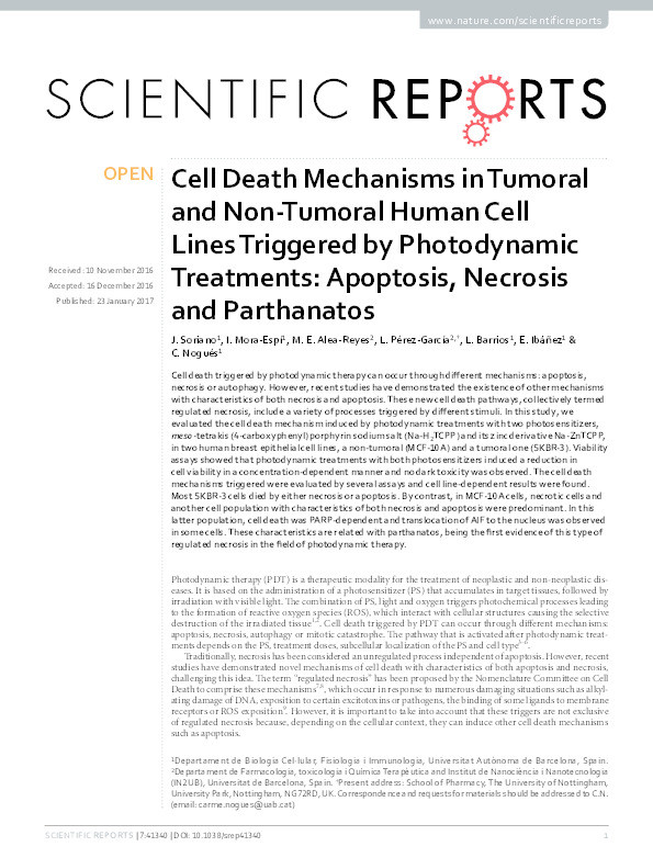 Cell death mechanisms in tumoral and non-tumoral human cell lines triggered by photodynamic treatments: apoptosis, necrosis and parthanatos Thumbnail