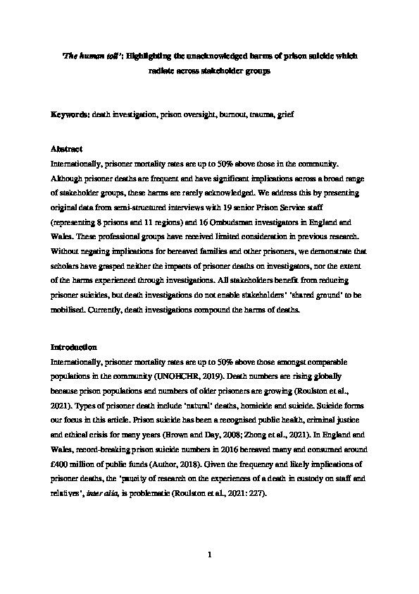 ‘The human toll’: Highlighting the unacknowledged harms of prison suicide which radiate across stakeholder groups Thumbnail
