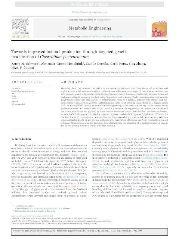 Towards improved butanol production through targeted genetic modification of Clostridium pasteurianum Thumbnail