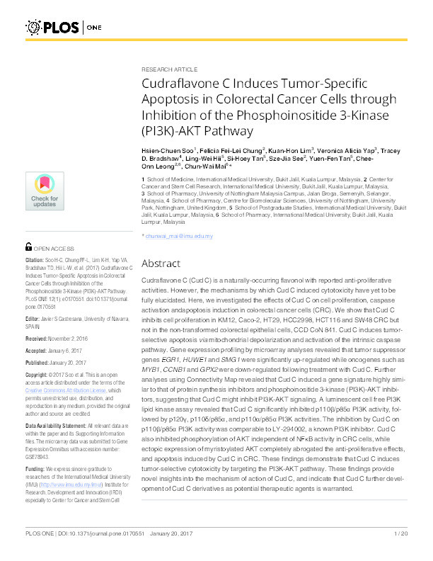 Cudraflavone C induces tumor-specific apoptosis in colorectal cancer cells through inhibition of the phosphoinositide 3-kinase (PI3K)-AKT pathway Thumbnail