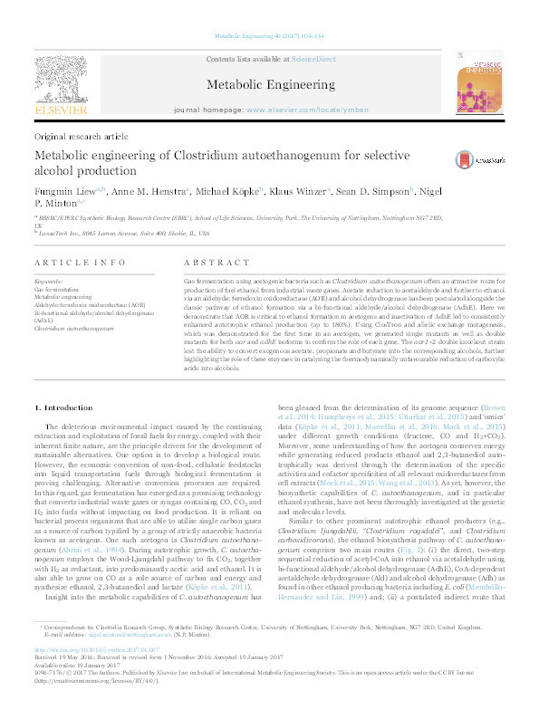 Metabolic engineering of Clostridium autoethanogenum for selective alcohol production Thumbnail