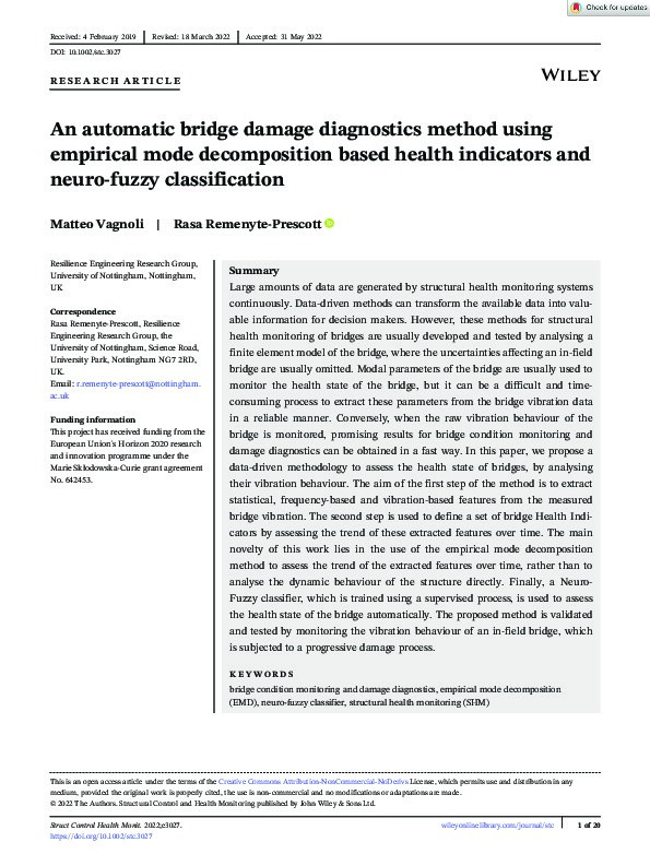 An automatic bridge damage diagnostics method using empirical mode decomposition based health indicators and neuro-fuzzy classification Thumbnail