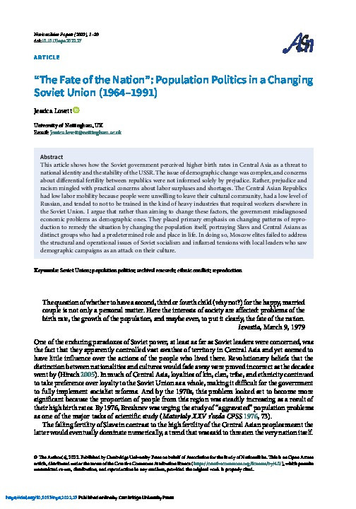 “The Fate of the Nation”: Population Politics in a Changing Soviet Union (1964–1991) Thumbnail