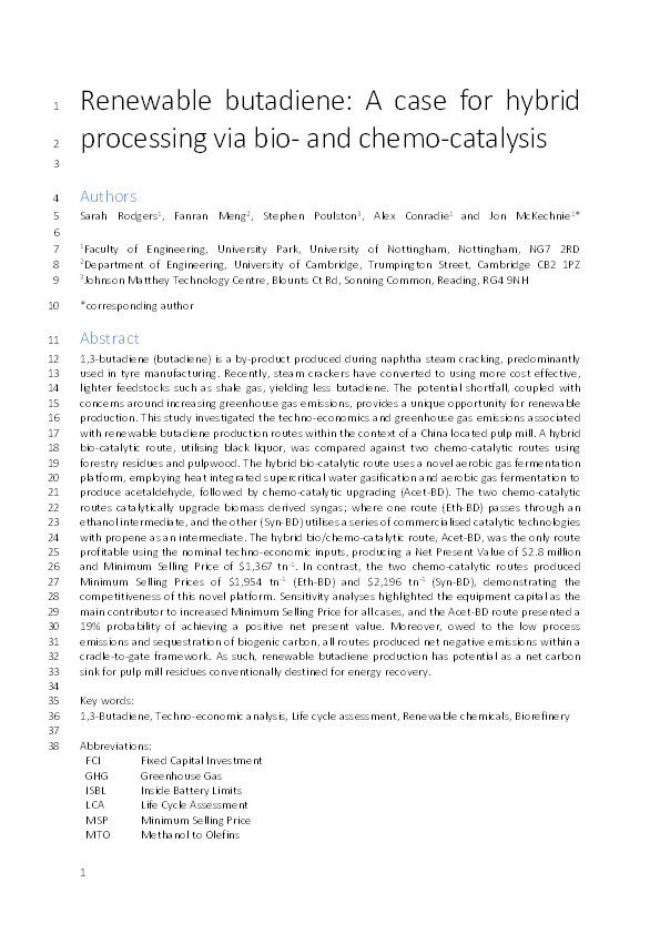 Renewable butadiene: A case for hybrid processing via bio- and chemo-catalysis Thumbnail