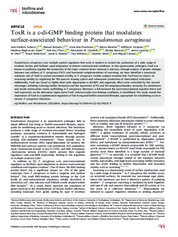 ToxR is a c-di-GMP binding protein that modulates surface-associated behaviour in Pseudomonas aeruginosa Thumbnail