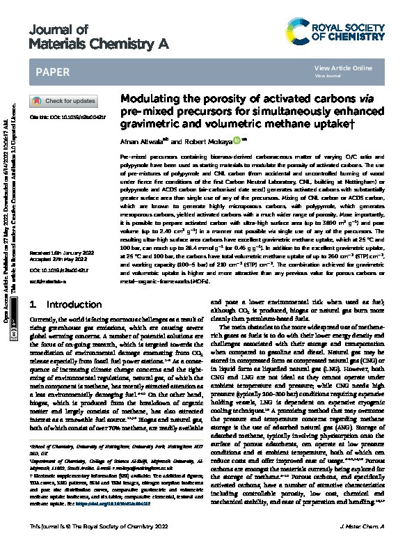 Modulating the porosity of activated carbons via pre-mixed precursors for simultaneously enhanced gravimetric and volumetric methane uptake Thumbnail