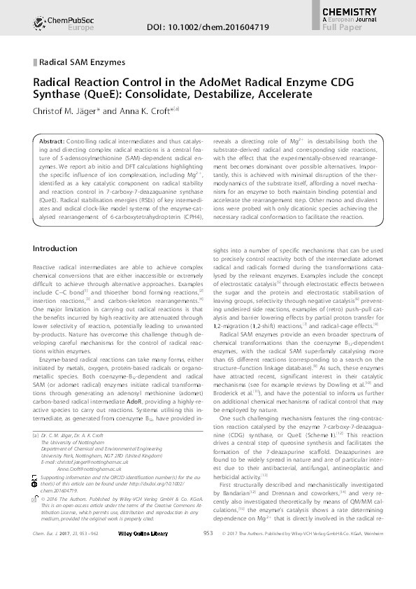Radical reaction control in the AdoMet radical enzyme CDG Synthase (QueE): consolidate, destabilize, accelerate Thumbnail