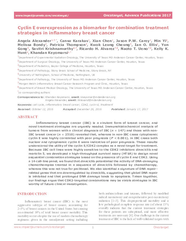 Cyclin E overexpression as a biomarker for combination treatment strategies in inflammatory breast cancer Thumbnail