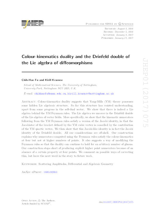 Colour-kinematics duality and the Drinfeld double of the Lie algebra of diffeomorphisms Thumbnail