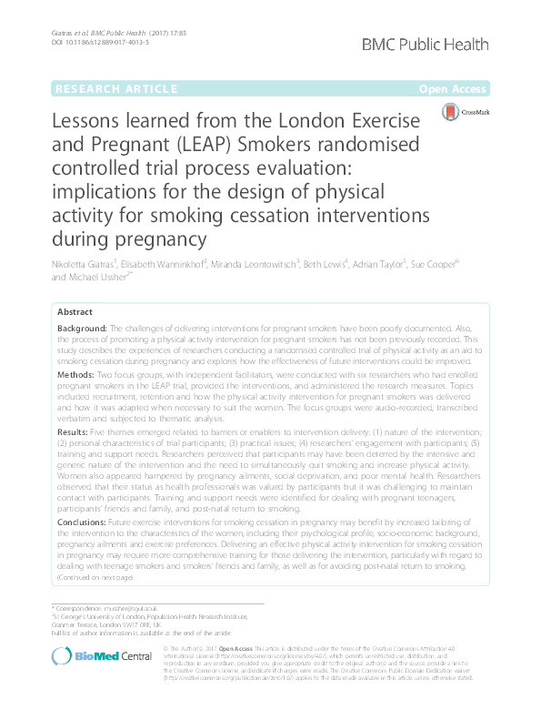 Lessons learned from the London Exercise and Pregnant (LEAP) Smokers randomised controlled trial process evaluation: implications for the design of physical activity for smoking cessation interventions during pregnancy Thumbnail