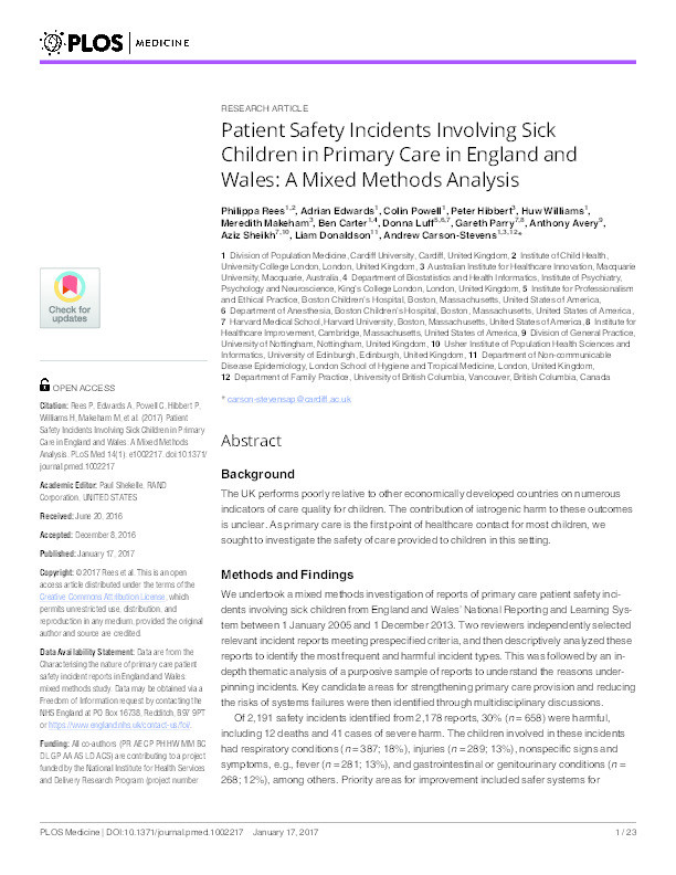 Patient safety incidents involving sick children in primary care in England and Wales: a mixed methods analysis Thumbnail