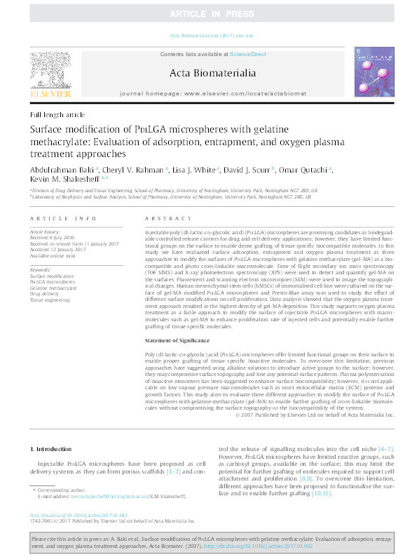 Surface modification of PdlLGA microspheres with gelatine methacrylate: evaluation of adsorption, entrapment, and oxygen plasma treatment approaches Thumbnail