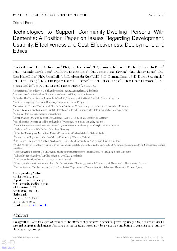 Technologies to support community-dwelling persons with dementia: a position paper on issues regarding development, usability, effectiveness and cost-effectiveness, deployment, and ethics Thumbnail