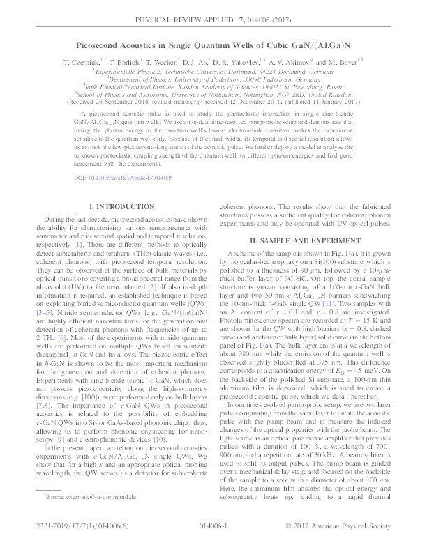 Picosecond acoustics in single quantum wells of cubic GaN/(Al,Ga)N Thumbnail