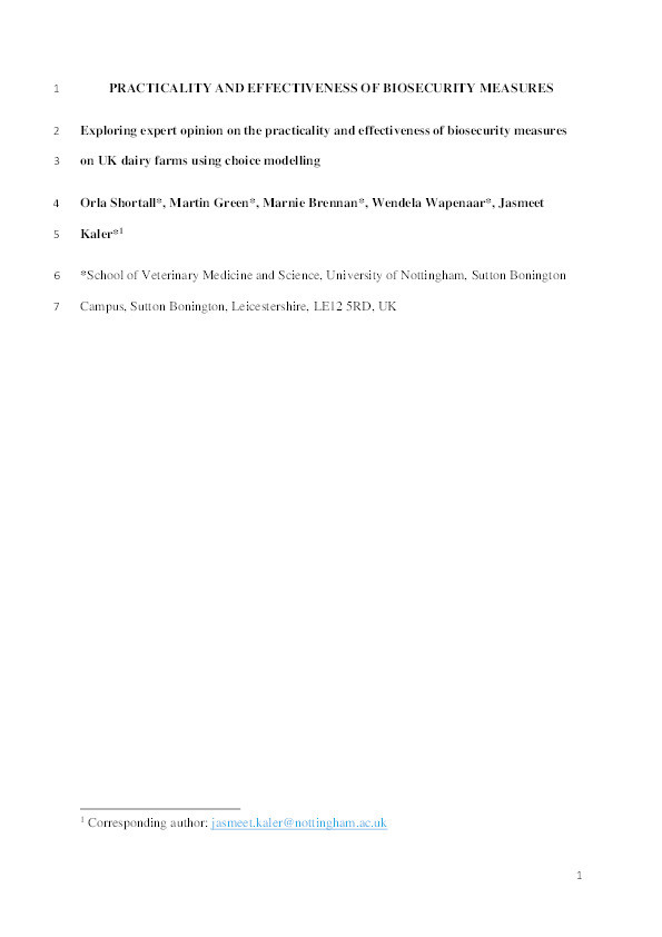 Exploring expert opinion on the practicality and effectiveness of biosecurity measures on dairy farms in the United Kingdom using choice modeling Thumbnail