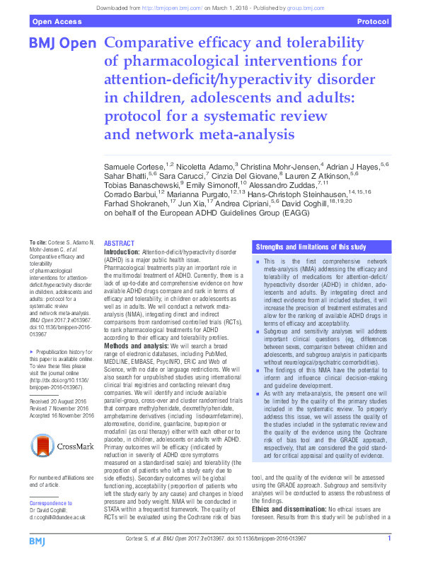 Comparative efficacy and tolerability of pharmacological interventions for attention-deficit/hyperactivity disorder in children, adolescents and adults: protocol for a systematic review and network meta-analysis Thumbnail