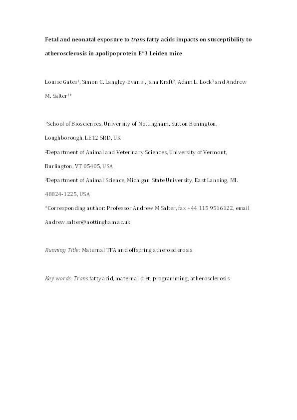 Fetal and neonatal exposure to trans fatty acids impacts on susceptibility to atherosclerosis in apolipoprotein E*3 Leiden mice Thumbnail