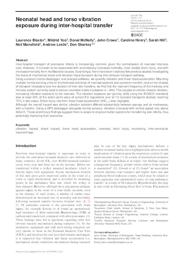 Neonatal head and torso vibration exposure during inter-hospital transfer Thumbnail