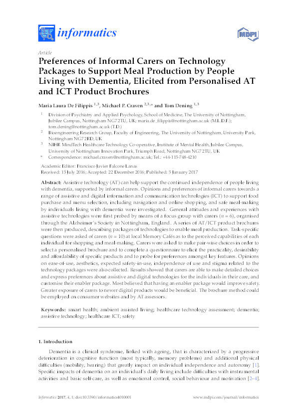 Preferences of informal carers on technology packages to support meal production by people living with dementia, elicited from personalised AT and ICT product brochures Thumbnail