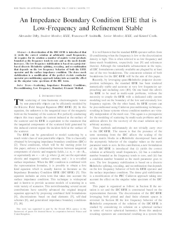 An impedance boundary condition EFIE that is low-frequency and refinement stable Thumbnail