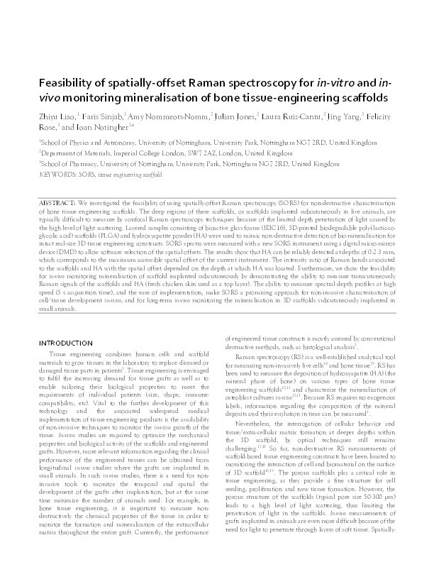 Feasibility of spatially-offset Raman spectroscopy for in-vitro and in-vivo monitoring mineralisation of bone tissue-engineering scaffolds Thumbnail