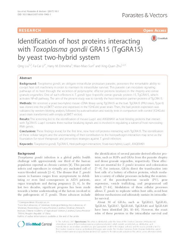 Identification of host proteins interacting with Toxoplasma gondii GRA15 (TgGRA15) by yeast two-hybrid system Thumbnail