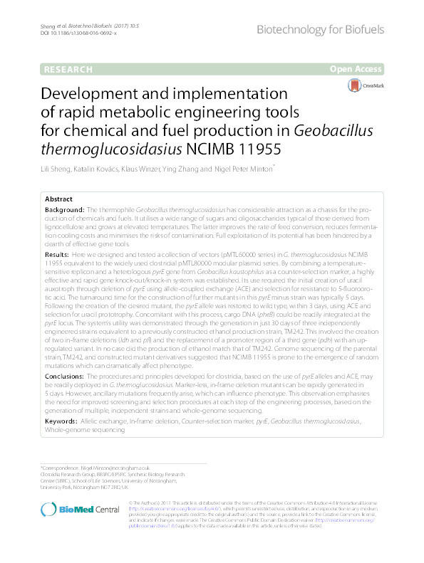 Development and implementation of rapid metabolic engineering tools for chemical and fuel production in Geobacillus thermoglucosidasius NCIMB 11955 Thumbnail