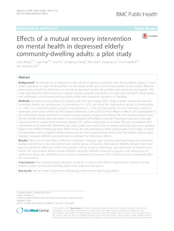 Effects of a mutual recovery intervention on mental health in depressed elderly community-dwelling adults: a pilot study Thumbnail