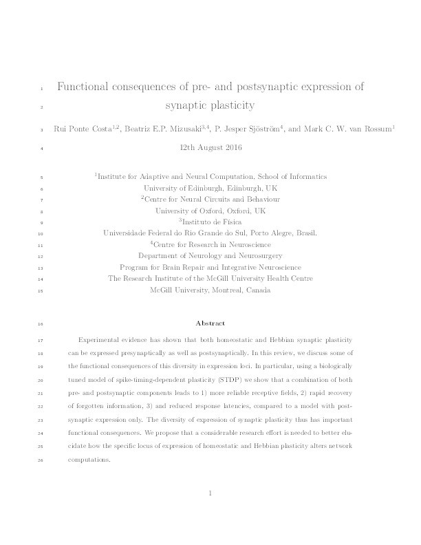 Functional consequences of pre- and postsynaptic expression of synaptic plasticity Thumbnail