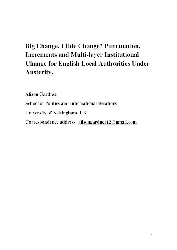 Big change, little change?: punctuation increments and multi-layer institutional change for English local authorities under austerity Thumbnail