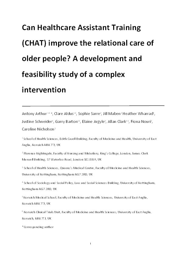 Can Healthcare Assistant Training (CHAT) improve the relational care of older people? A developmental and feasibility study of a complex intervention Thumbnail